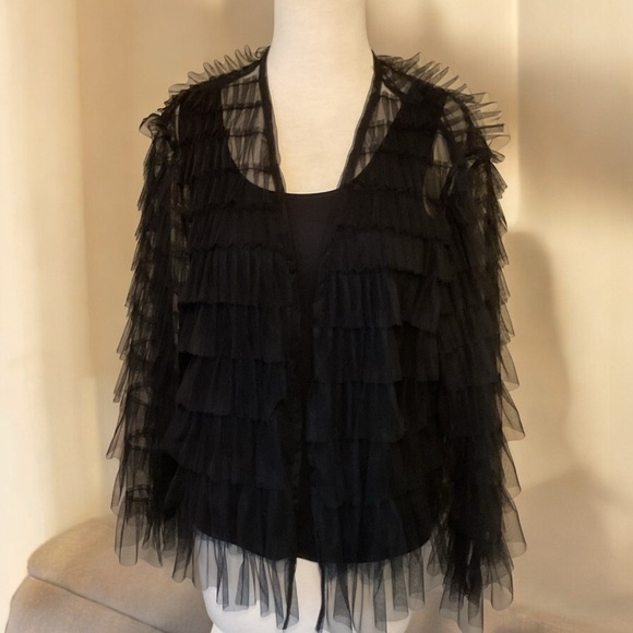 W.A.Y. Wonderful & Young Black Ruffled Netting Open Front Unlined Jacket L NWOT - Picture 10 of 11